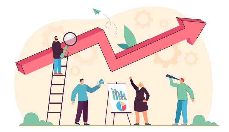 Tiny business people with growing graph of progress report How AI Can Skyrocket Your Business